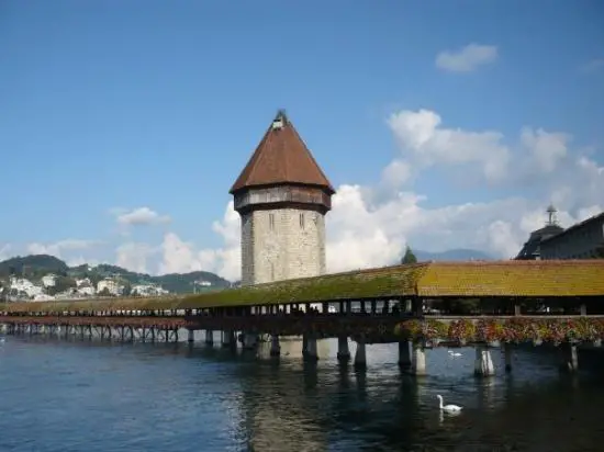 Wooden Bridge in Reuss River in Lucerne, Switzerland